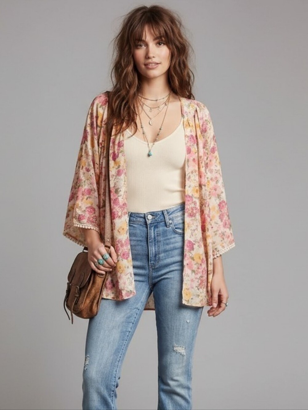 Tobi Floral Kimono Cardigan in Pink and Cream, 3/4 Sleeves, EUC, XL